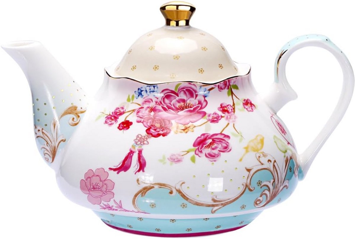 Luxe Theepot van Bone China met Bloem- en Vogelsieraden