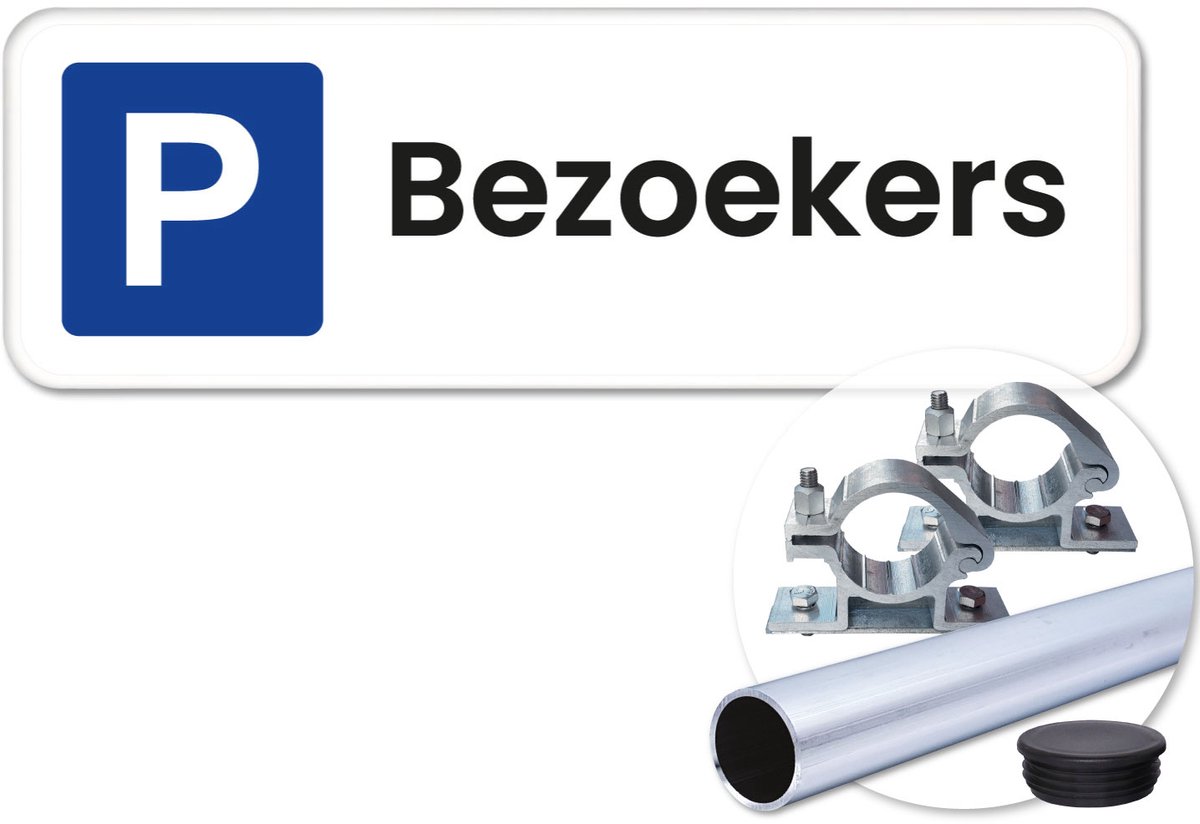 Parkeerbord Bezoekers 1 - Weerbestendig Aluminium - 60x20 cm - Bevestiging: Met paal 120 cm + paalbeugels + paaldop