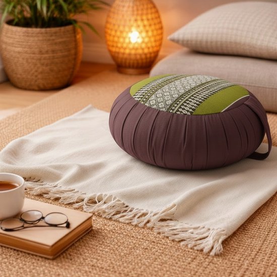 Zafu kussen - Coussin de yoga - kussen de Méditation - Coussin de méditation ronde - kussen Thai - Kapok - 40x40x18 cm - Vert / Brown