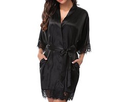 Sexy dames kimono - Maat XL - Zwart - Kant - Avondjas - Satijnen badjas - Zwart - LOUZIR