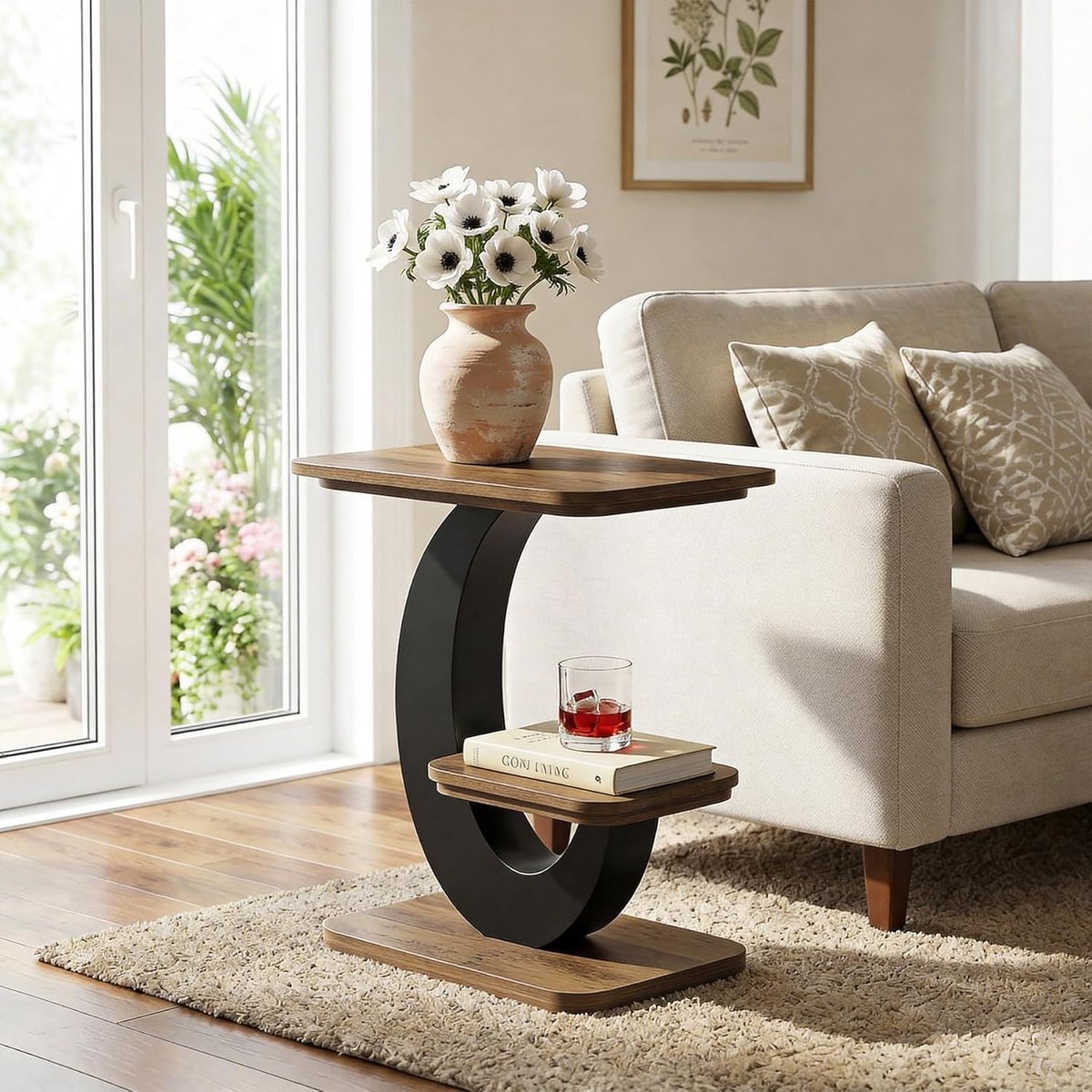 Tribesigns Bijzettafel - Schmaler Bijzettafel met 2 Niveaus en Opbergruimte - Sidetable - industrieel design met metalen gebogen frame voor Woonkamer, Slaapkamer - 52×35×60 cm - Braun