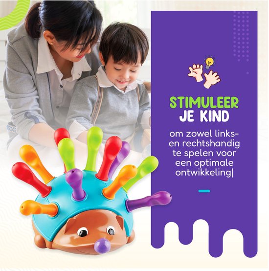 Een moeder en kind spelen met een speelgoed-egel met veelkleurige stekels. Tekst: 'Stimuleer je kind'.