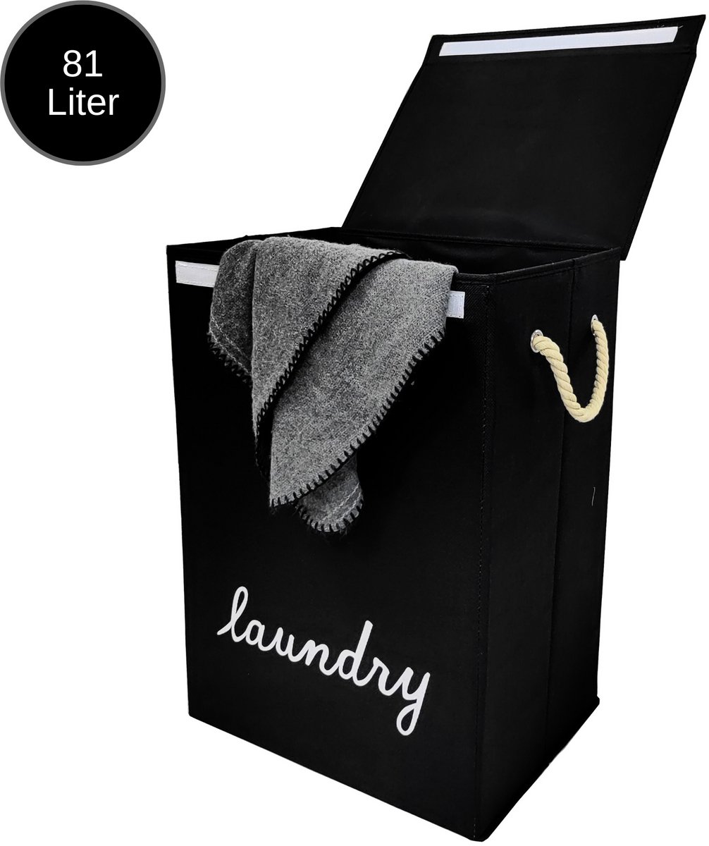 Janse® Wasmand zwart met wit - Stevige opvouwbare wasmand met deksel - 81 Liter - Met handvatten - Laundry basket - Badkamer organizer - Opbergbak - Ruime wassorteerder