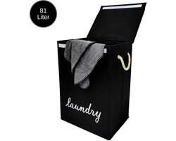 Janse® Wasmand zwart met wit - Stevige opvouwbare wasmand met deksel - 81 Liter - Met handvatten - Laundry basket - Badkamer organizer - Opbergbak - Ruime wassorteerder
