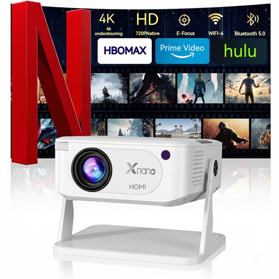 Mini beamer XNAN smart projector 720p native 4K ondersteuning Android 11 WiFi 6 Bluetooth draagbaar