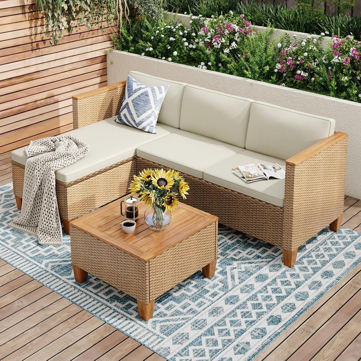 Rattan Loungeset Boho 3-delig 188 x 116 x 62,5 cm Chaise Longue, 2-Zitsbank en Salontafel Beige Acaciahout - NoviHome