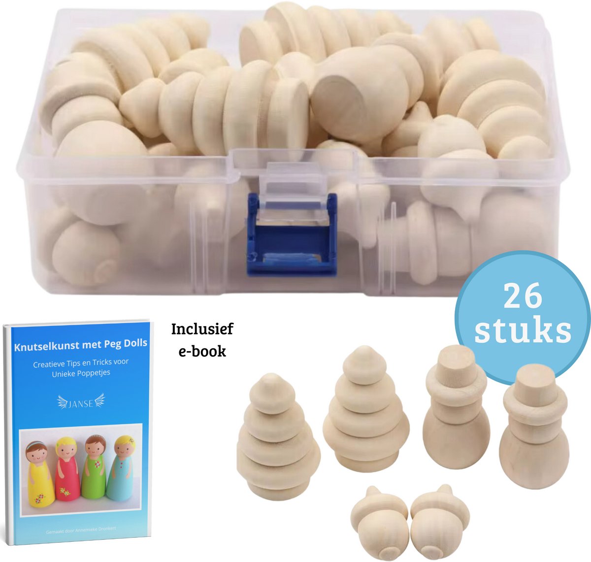 Janse® Houten winter figuren - Inclusief e-book knutselkunst met Peg dolls - 26 stuks set - Peg dolls - Blanco kerst figuren - Eikeltjes - Poppenhuis poppetjes - Houten kerstboom - Kegelpoppetjes - Creatief - Houten sneeuwpop - Kerstdecoratie