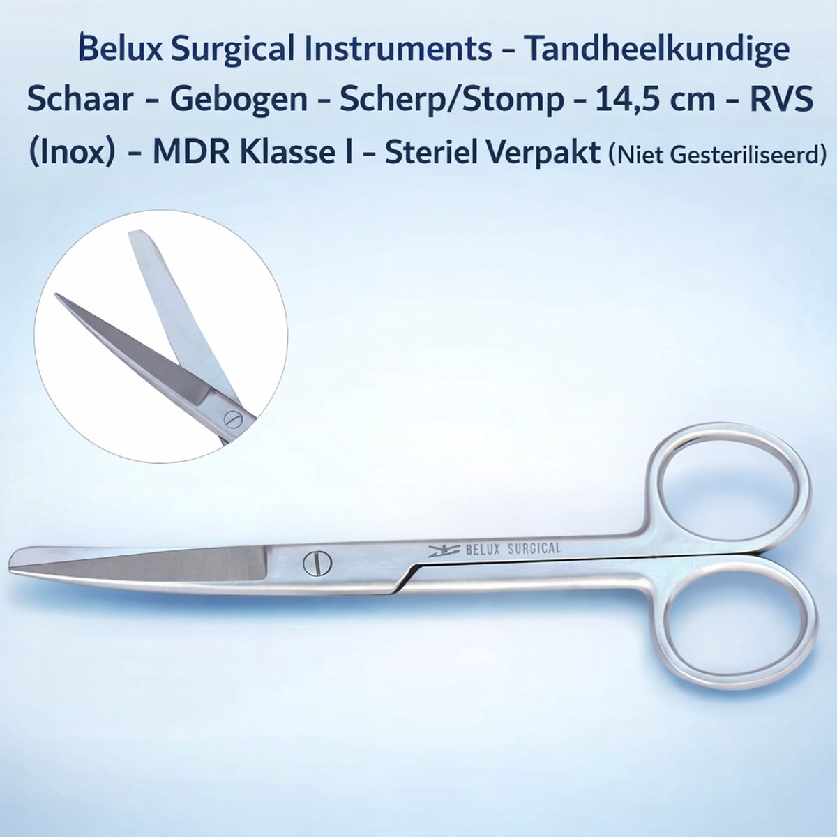 Belux Surigcal Instruments / Tandheelkundige Schaar – Gebogen – Scherp/Stomp – 14,5 cm – RVS (Inox) – MDR Klasse I – Steriel Verpakt (Niet Gesteriliseerd)