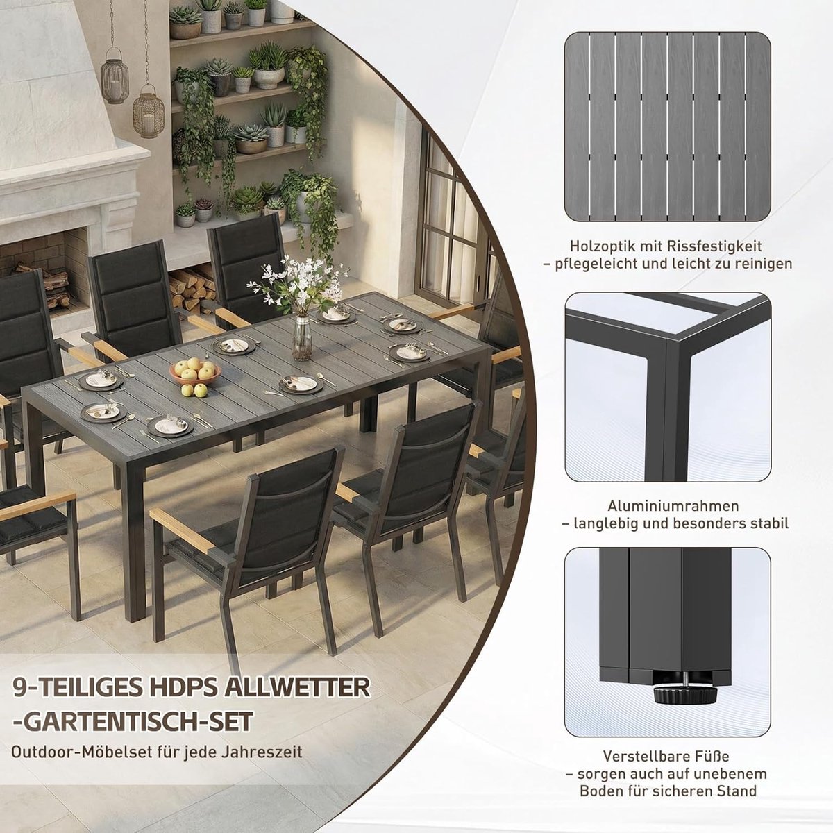 Tuinmeubelset 8 Personen 189x80x72 cm – Luxe Aluminium Tuinset met 8 Stapelstoelen Houtlook en Weerbestendige Tuintafel – Donkergrijs – Laura