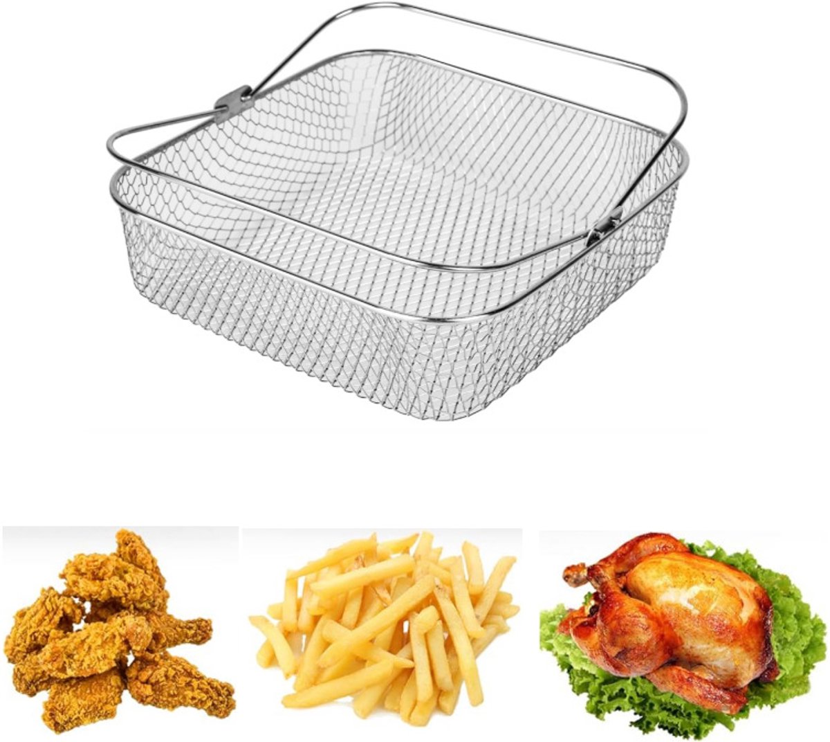 Vierkant frituurmandje van roestvrij staal met handvat- multifunctioneel accessoire voor het frituren van snacks en gezond koken.