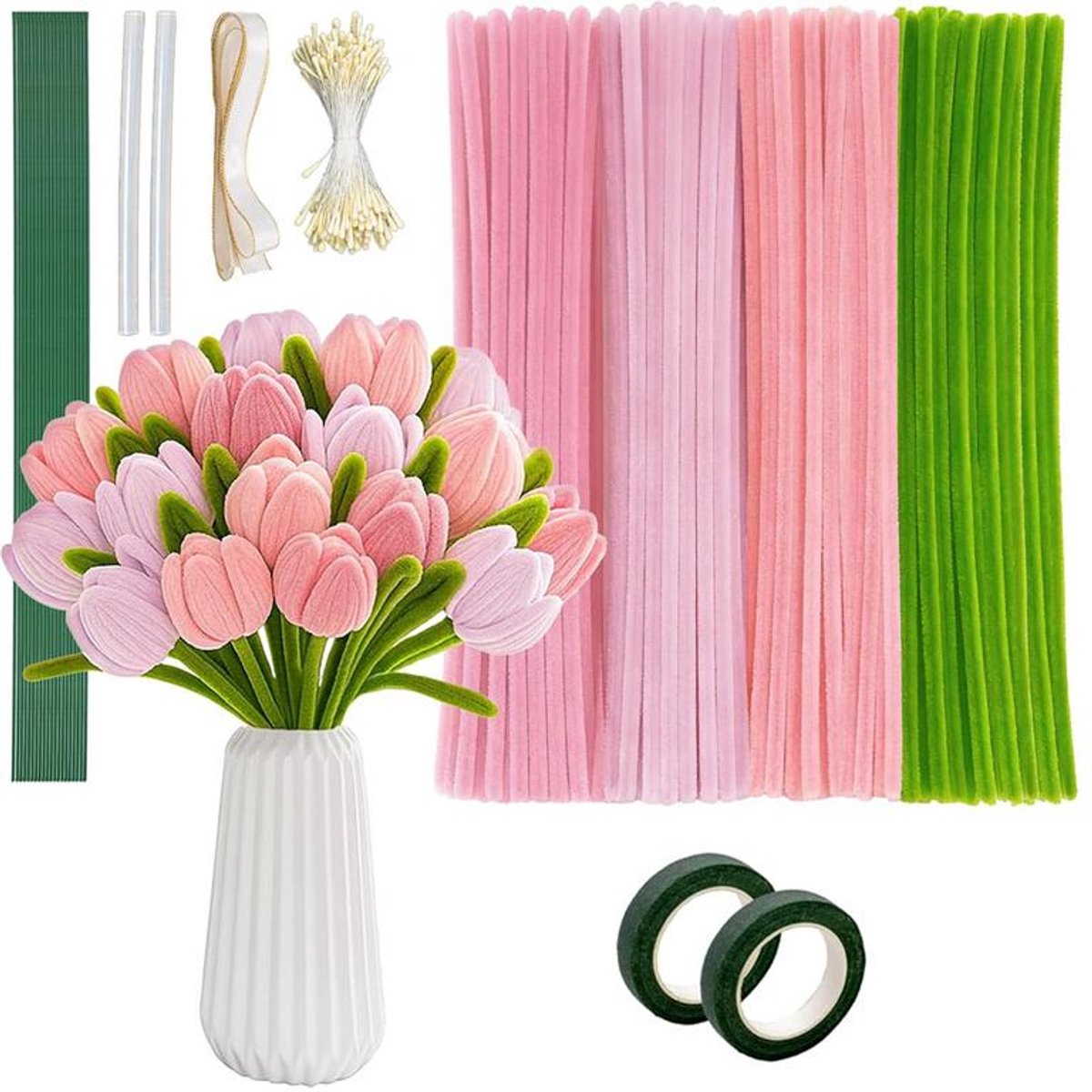 KZQ Tulpenboeket maken - DIY Chenille Bloemenarrangement Kit - Boeket van pluizige chenillestelen - 400 stelen - Geschikt voor huisdecoratie, handgemaakte cadeaus, stressvermindering, meditatie en knutselactiviteiten voor het hele gezin Roze