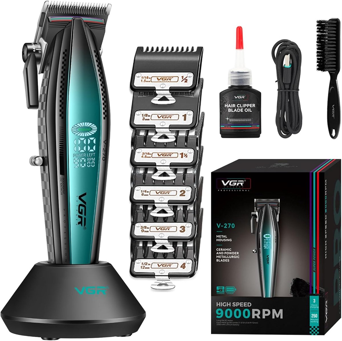 Tondeuse Draadloos voor Mannen – VGR V-270 – Professionele Hair Clipper – 9000RPM Motor – Keramische Messen – LED Display – 6 Opzetkammen