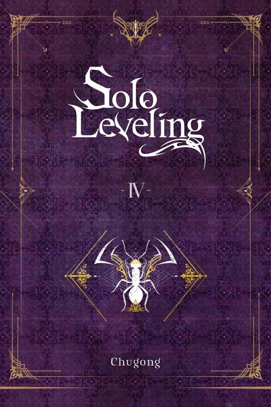 Solo Leveling Vol. 4: paarse omslag met "Solo Leveling" logo en een witte insectachtige figuur in het midden.