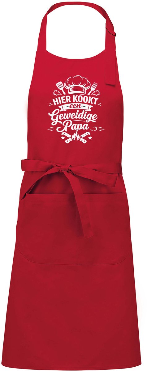 mijncadeautje - luxe schort - hier kookt een geweldige papa - rood - opdruk wit