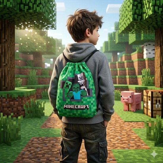 Jongen met groene Minecraft gymtas met Creeper, zombie en skelet.