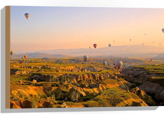 WallClassics - Hout - Luchtballonnen boven Bergen en Heuvels - 60x40 cm - 12 mm dik - Foto op Hout (Met Ophangsysteem)