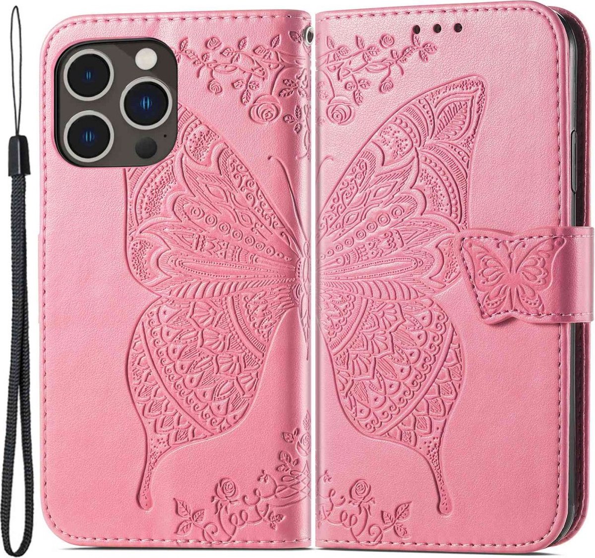 Peachy Vlinder Wallet kunstleer hoesje geschikt voor iPhone 14 Pro - roze