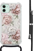 Hoesje met koord geschikt voor iPhone 11 - Klassieke bloemen - Inclusief zwart koord - Crossbody beschermhoes - Transparant, Beige - Mooie Telefoonhoesjes