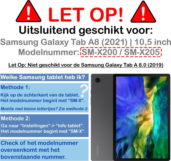 Instructions pour "Samsung Galaxy Tab A8 (2021) | 10,5 pouces" avec avertissement "ATTENTION !".