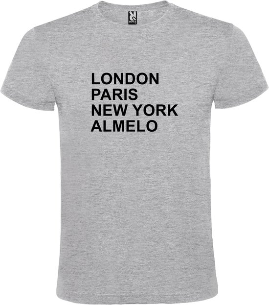 Grijs T-shirt 'LONDON, PARIS, NEW YORK, ALMELO' Zwart Maat L