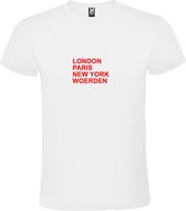 Wit T-shirt 'LONDON, PARIS, NEW YORK, WOERDEN' Rood Maat M