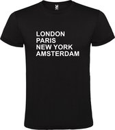 Zwart T-shirt 'LONDON, PARIS, NEW YORK, AMSTERDAM' Wit Maat 5XL