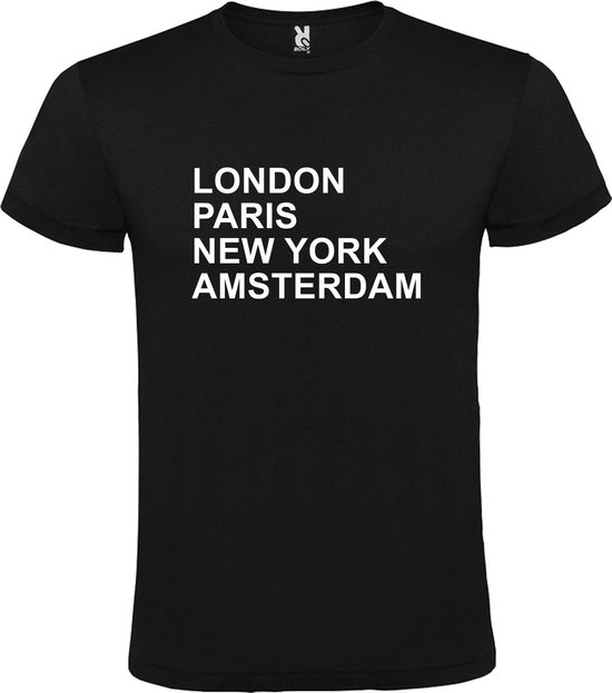 Zwart T-shirt 'LONDON, PARIS, NEW YORK, AMSTERDAM' Wit