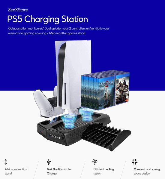 Support PS5 avec ventilateur de refroidissement par aspiration et station  de charge à double contrôleur pour console 