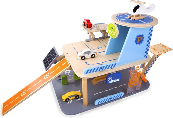 Grote Houten Parkeergarage met Panorama Lift - Inclusief Auto's & Helikopter