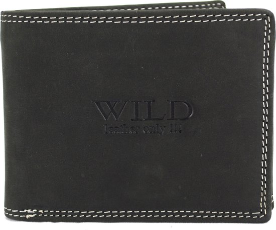Wild Leather Only !!! Portemonnee Heren Buffelleer Zwart - Billfold - (AD-204-6) -12x2x9,5cm -12x2x9.5cm -