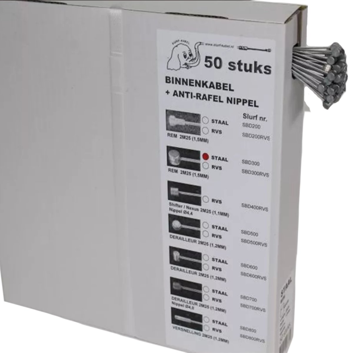 Slurf Binnenkabel met tonnippel - RVS - 2,25 meter - 50 stuks - Anti-rafelnippel