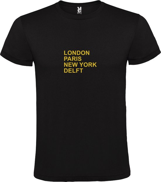 Zwart T-shirt 'LONDON, PARIS, NEW YORK, DELFT' Goud Maat 5XL