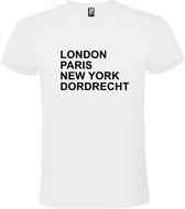 Wit T-shirt 'LONDON, PARIS, NEW YORK, DORDRECHT' Zwart Maat L
