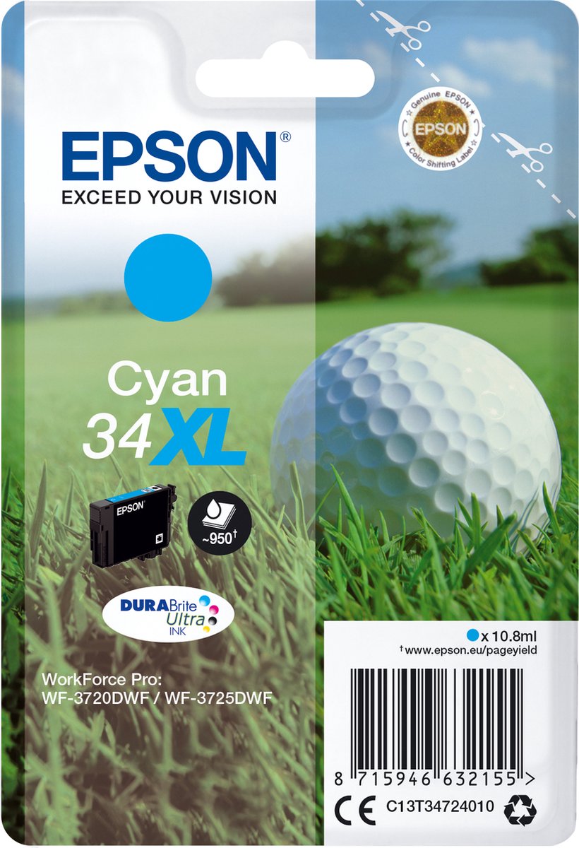 Epson Golfbal 34XL DURABrite Ultra cyaan enkelverpakking inkt