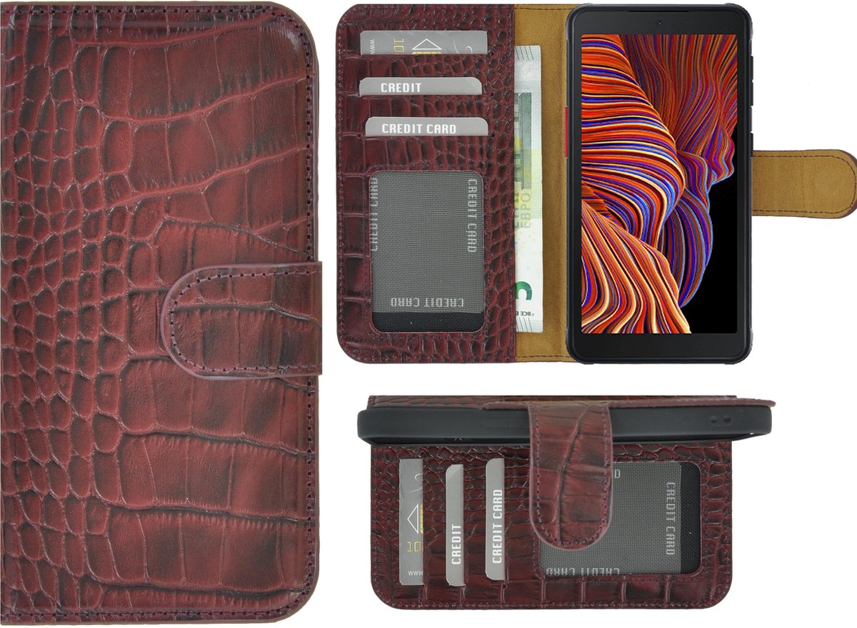 Geschikt voor Samsung Galaxy Xcover 5 hoesje - Bookcase - Samsung Xcover 5 Wallet Book Case Echt Leer Croco Bordeauxrood Cover