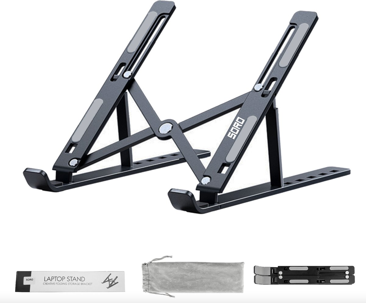 Aluminium - Laptop standaard - Ergonomische stand - Zwart - Verstelbaar in Breedte en Hoogte- Opvouwbaar - tot 17 inch