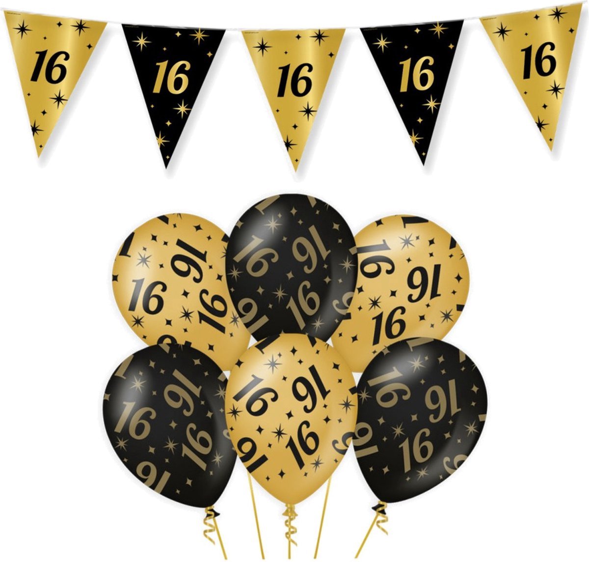 16 Jaar Verjaardag Decoratie Versiering - Feest Versiering - Vlaggenlijn - Ballonnen - Man & Vrouw - Zwart en Goud - Merkloos