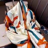 Zijden Sjaal – Wit, Oranje & Groenblauw – Sjaal Dames – Herfst & Winter Sjaal met Paard Patroon – 180*90 cm