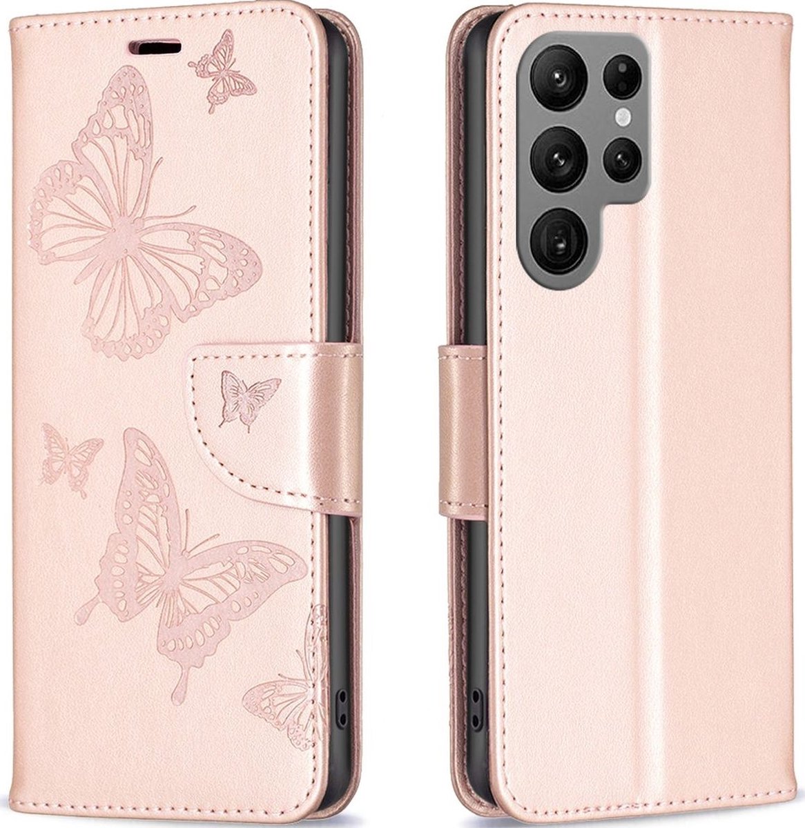 Mobigear Telefoonhoesje geschikt voor Samsung Galaxy S23 Ultra Hoesje | Mobigear Butterfly Bookcase Portemonnee | Pasjeshouder voor 3 Pasjes | Telefoonhoesje voor Pinpas / OV Kaart / Rijbewijs - Roségoud