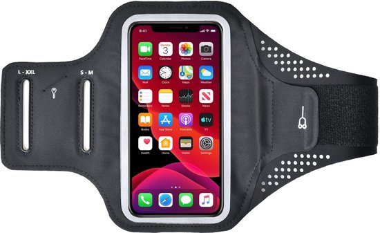 Une brassard de sport noire pour téléphone avec un cadre blanc et une sangle noire. Le téléphone affiche un écran d'accueil rouge, violet et jaune.