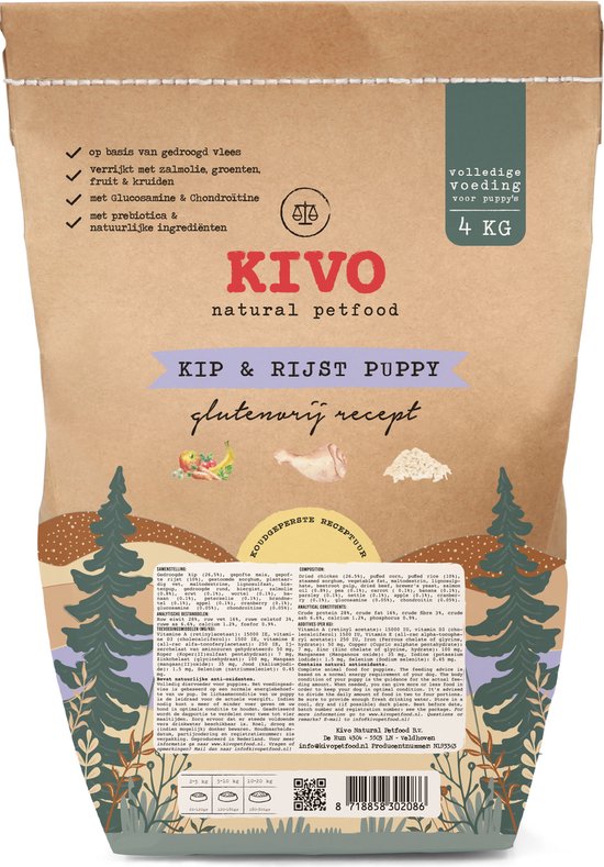 Kivo Petfood Puppybrokken Kip & Rijst puppy 4 kg Koudgeperst - Glutenvrij