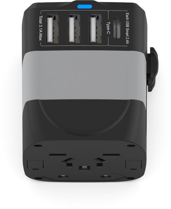 Universele Wereldstekker met 4 USB-C en USB Poorten - Internationale Reisstekker voor 150+ landen - EU - Engeland (UK) - Amerika (USA) - Australië - Azië - Zuid Amerika - Reis Adapter - Wereld Stekker - Oplader – Zwart - Ar202