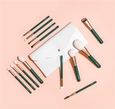 CAIRSKIN Professional Brush Set - 13 Gilt Green Face & Eyes Brushes + Beauty Roll - Professionele Visagie Kwasten - Vegan Makeup Set