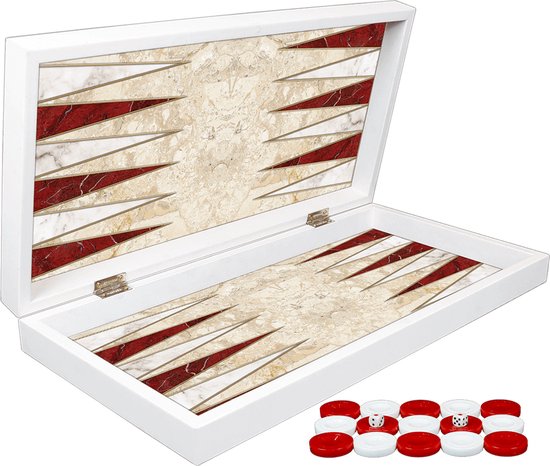 Afbeelding van het spel Klassiek Backgammon Rood en wit marmer bordspel - Met schaakbord - Turks Tavla - Maat L 38cm