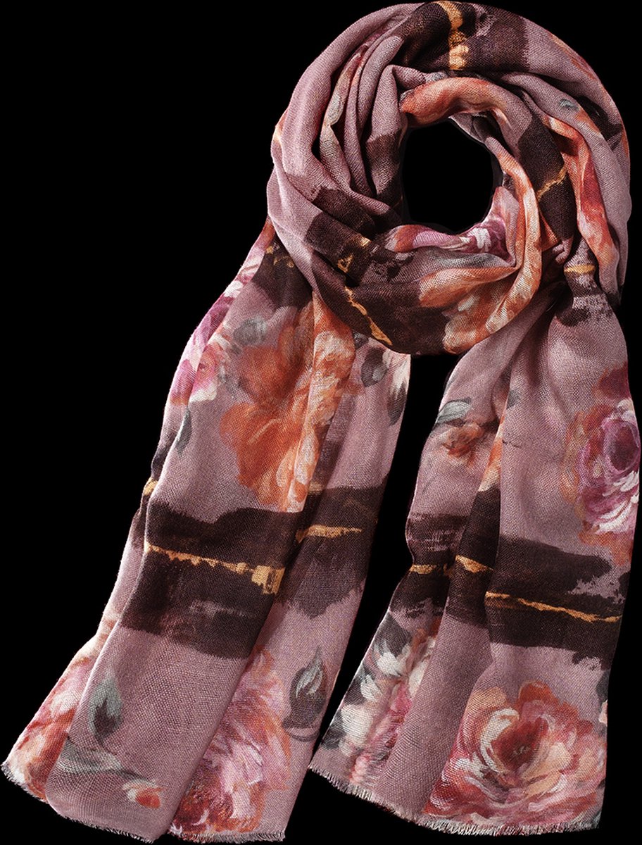 Zachte wollen sjaal met rozenprint in oudroze tinten