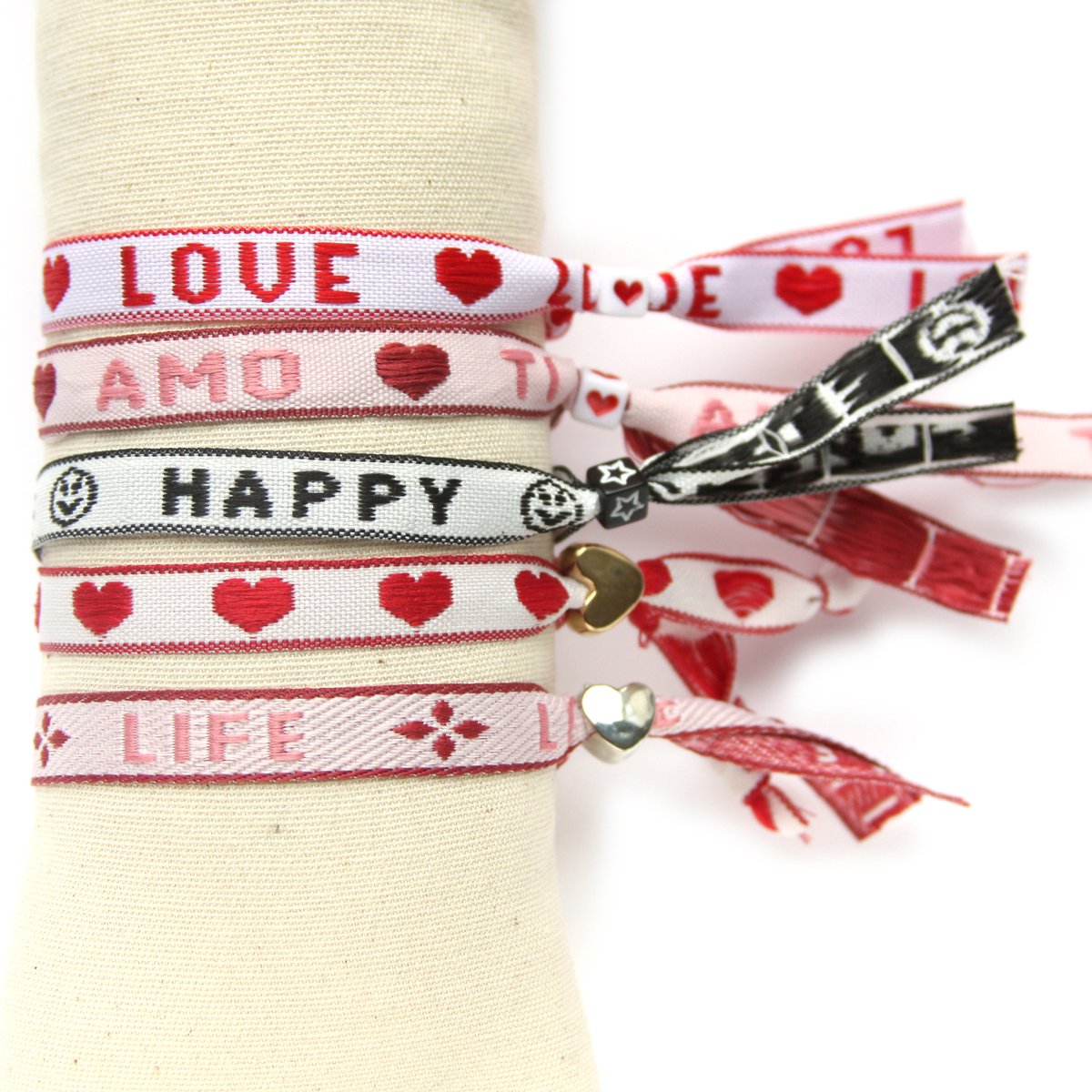 Principessa Festivallint pakket voor armbanden – 5 x 1 meter Festival lint / Love Lint / Tekst Lint – Rood/Roze/Zwart/Wit mix – 70 lintkralen met groot gat — afbeelding 2