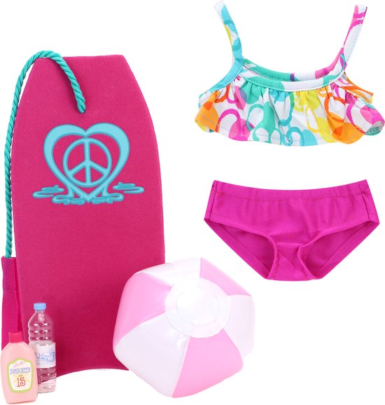 Roze surfboard met vredesteken, roze bikinibroekje en kleurrijke top, strandbal en zonnebrandcrème.