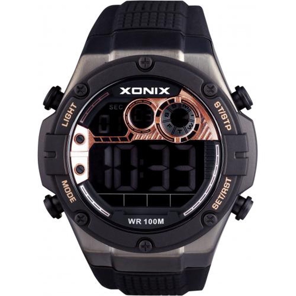 Xonix NL-006 - Horloge - Digitaal - Heren - Mannen - Siliconen band - ABS - Cijfers - Achtergrondverlichting - Alarm - Start-Stop - Chronograaf - Tweede tijdzone - Waterdicht - 10 ATM - Zwart - Rosékleurig