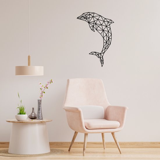 Geometrische Dolfijn - H 80cm B 55cm (XL) - Line art - Wall art - Muurdecoratie zwart - Van Aaken Design