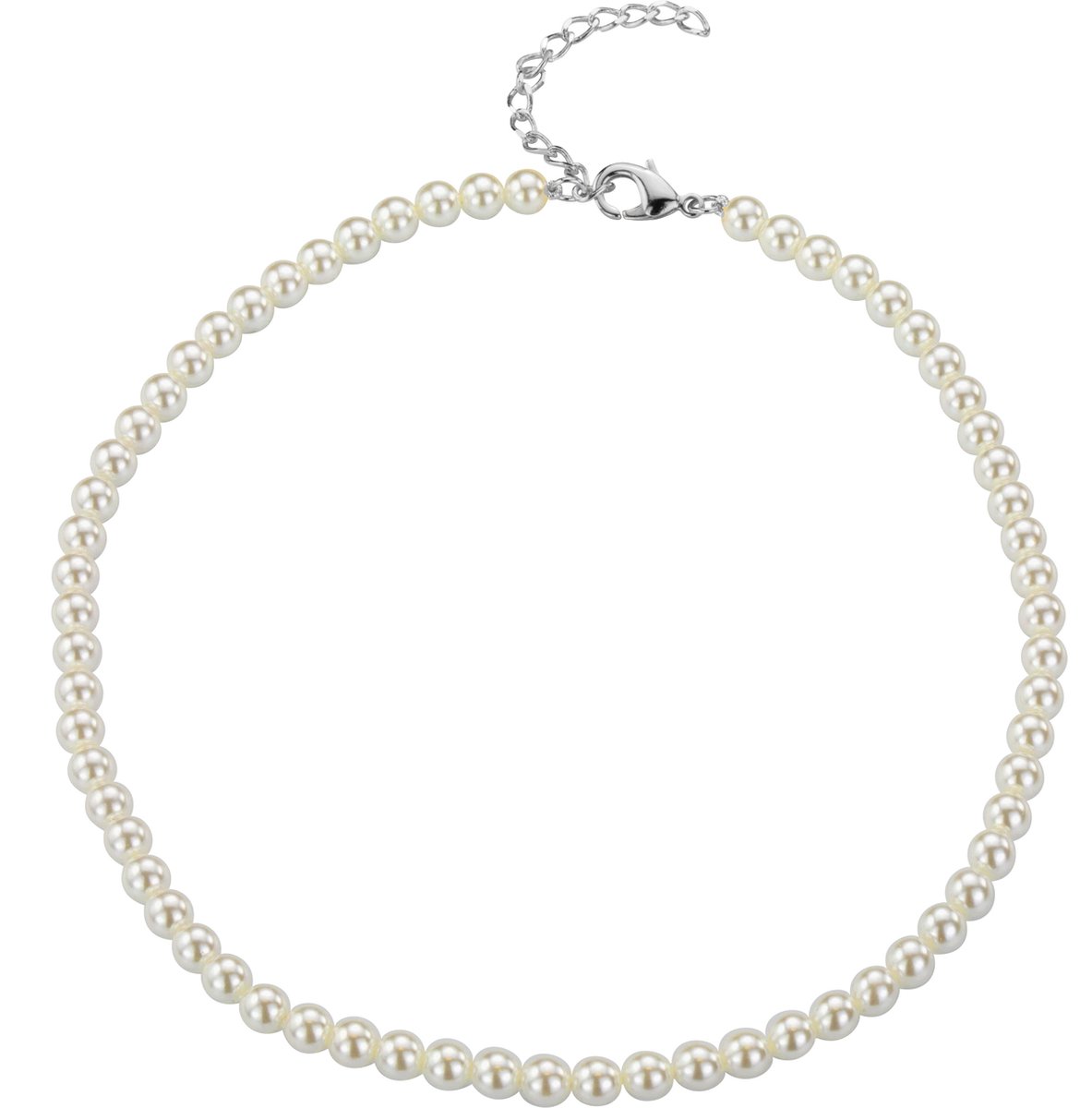 Traveller Ketting - Collier Dames - Parelcollier - Zilverkleurig - Parels ø 6 mm - Wit - Ketting 40 cm - Geplatineerd - 740640